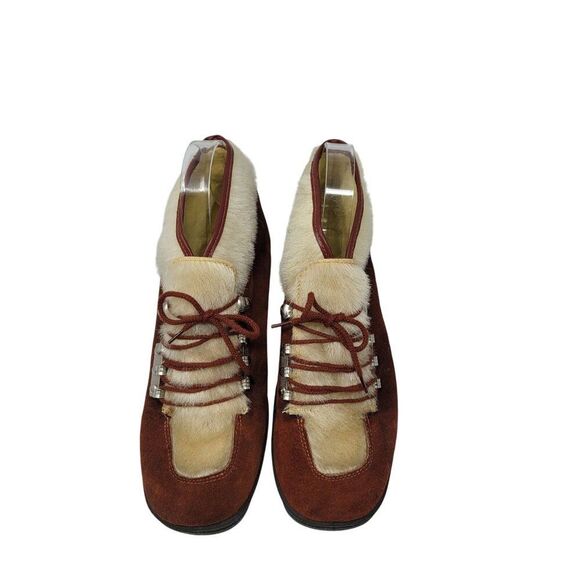 Vtg Italian Snow Boots Rust Suede Cream Faux Fur Lace-Up Ankle Booties US Sz 6 - Picture 6 of 13